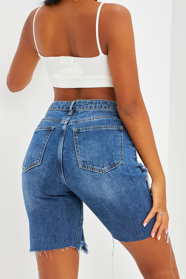 Short en jean effet déchiré bleu foncé