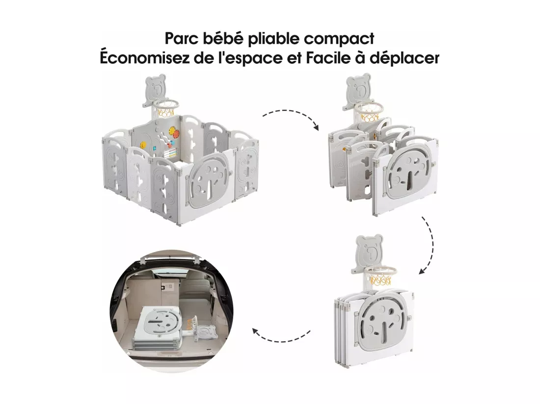 Yoleo Parc Bébé Pliable 8+2 Panneaux,Barrière de Sécurité Portail Parc avec Panier de Basket,Parc enfants Centre d'activités de sécurité, Plastique,Gris