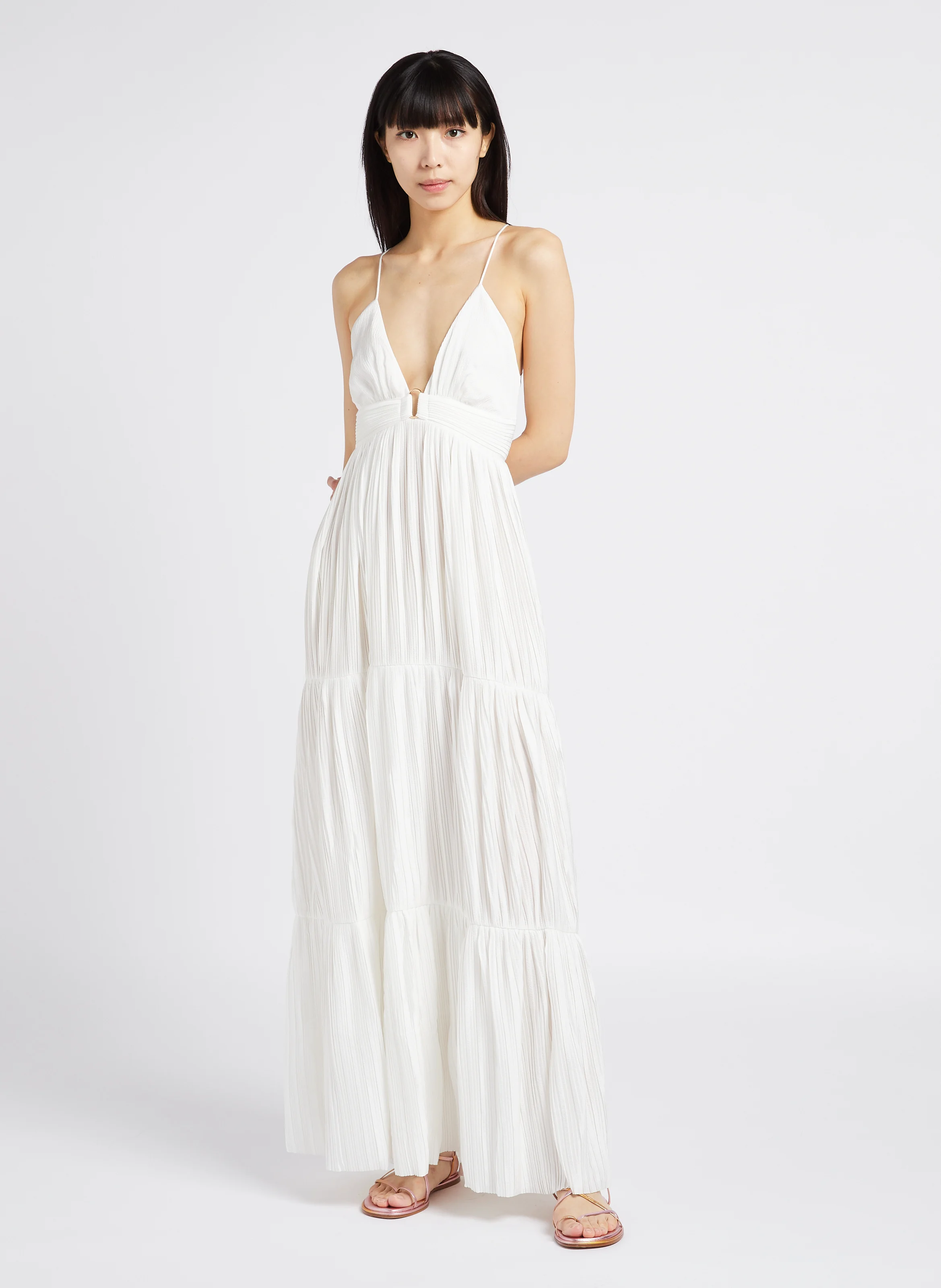 WASTA - Robe longue col V plissée | Blanc