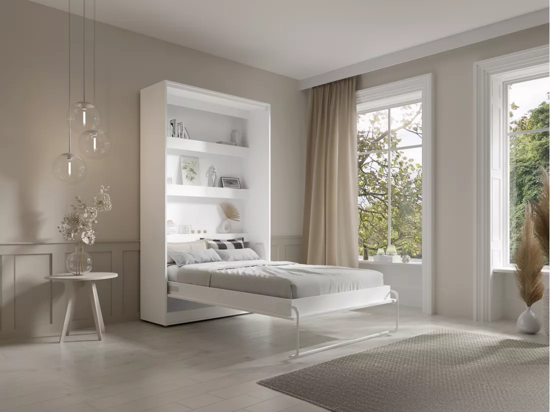 Lit escamotable 120 x 200 cm - Ouverture verticale manuelle - Avec LEDs - Blanc + Matelas - RAPILI