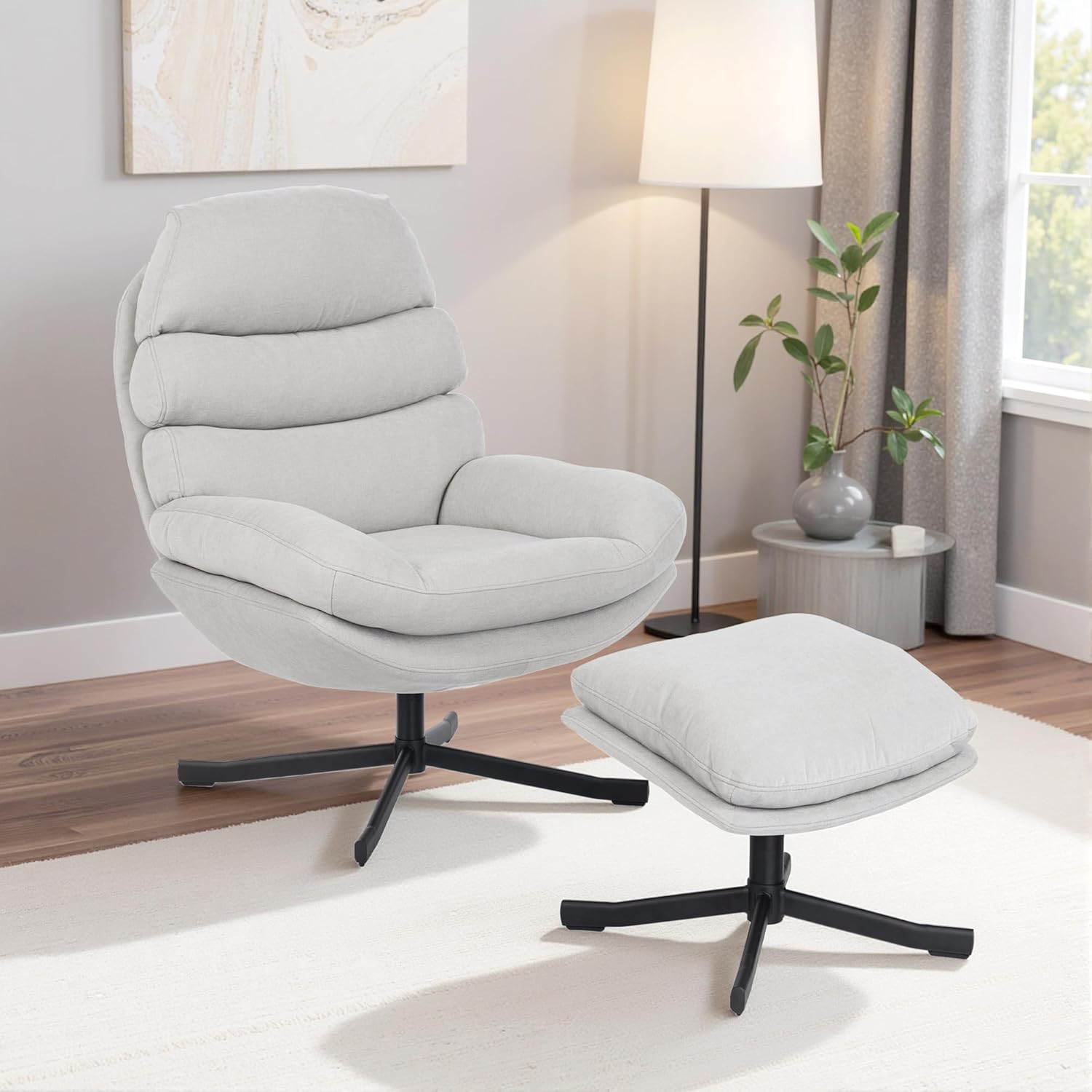 HOMCOM Relaxsessel mit Hocker Sessel Loungesessel mit Chenille-Optik breiter Sitzfläche Drehbar Polstersessel Armlehnensessel für Wohnzimmer, Schlafzimmer, Cremeweiß