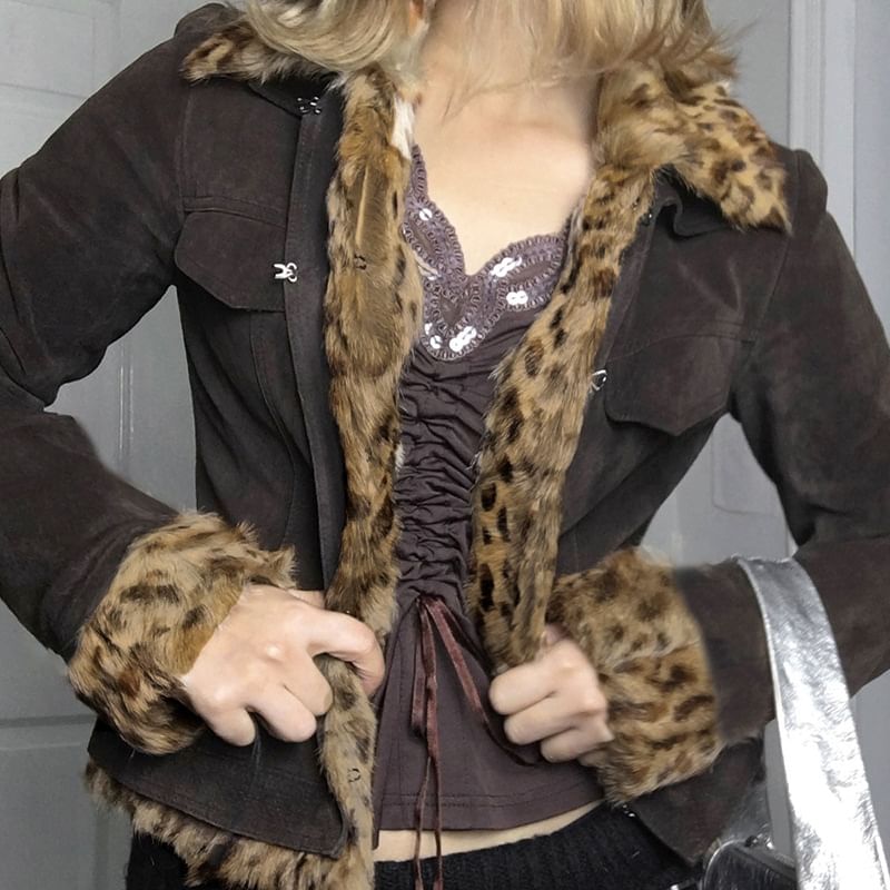 Sosana - Cargojack met lange mouwen en luipaardprint en imitatiebontafwerking, slim-fit
