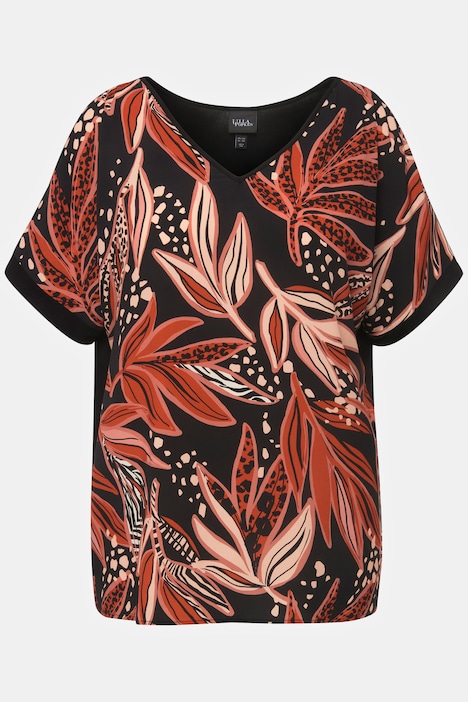 T-Shirt, Blätter, Oversized, V-Ausschnitt, Halbarm