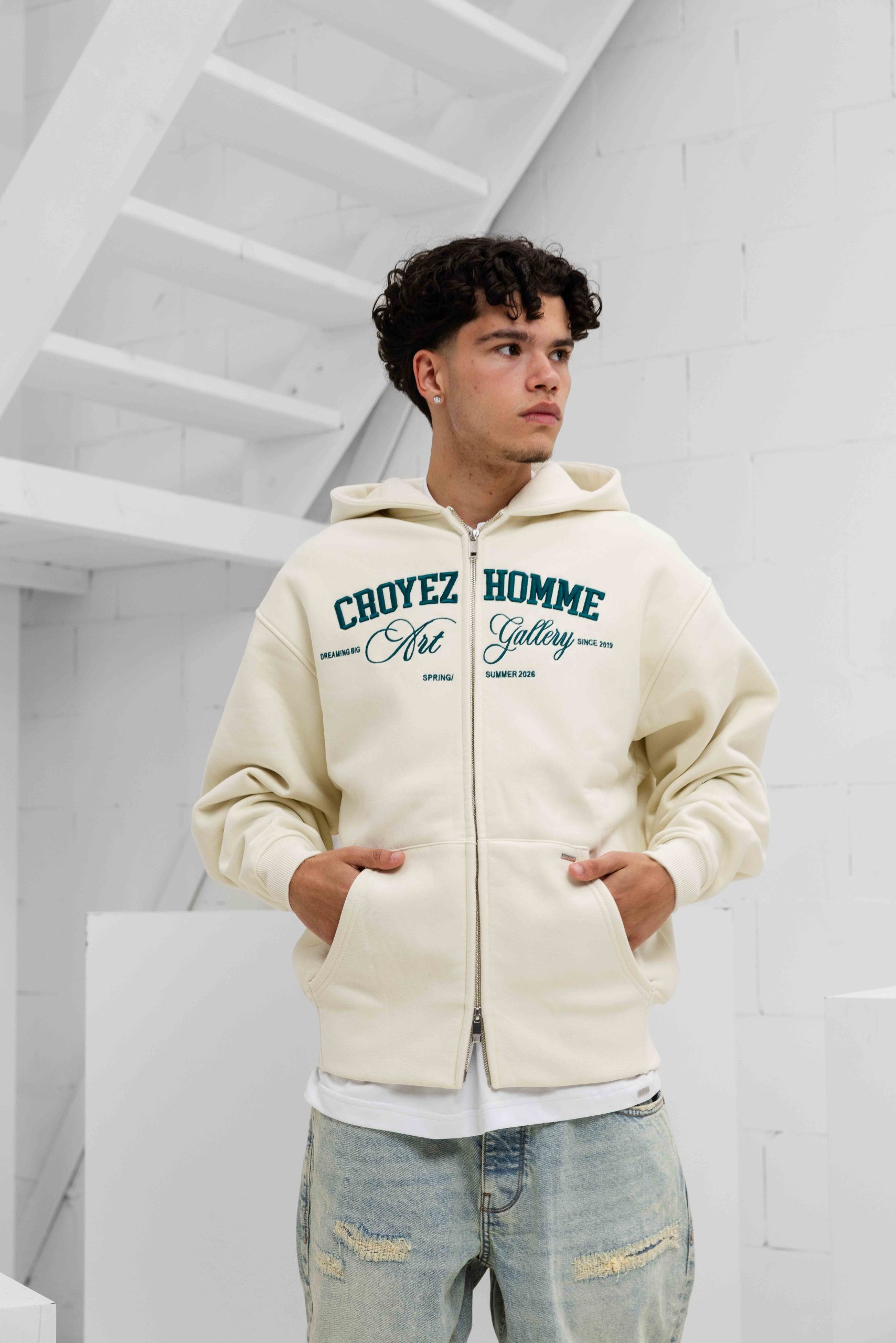 Croyez Art Gallery Zip Hoodie Heren Gebroken Wit