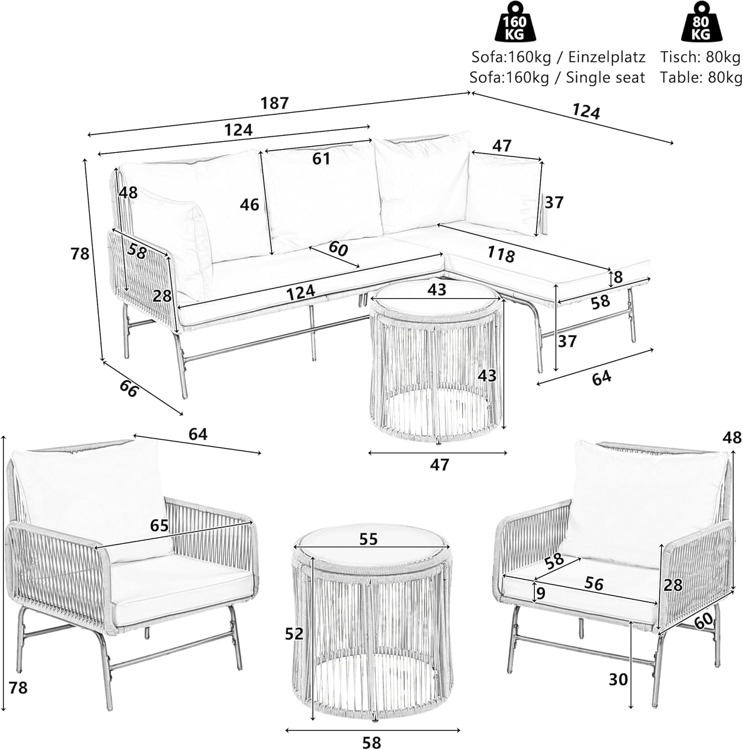Gartenmöbel Lounge Set 6-TLG für 6 Personen, Lounge Möbel Outdoor mit 2 Sofa, 2 Tisch und 2 Stühle mit Sitzkissen, Eisen Gestell und Gewebtem Seil Gartengarnitur Sitzgruppe Outdoor, Grau