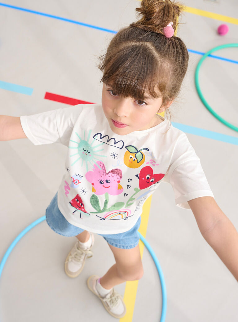 T-shirt écru animation fantaisie pour fille