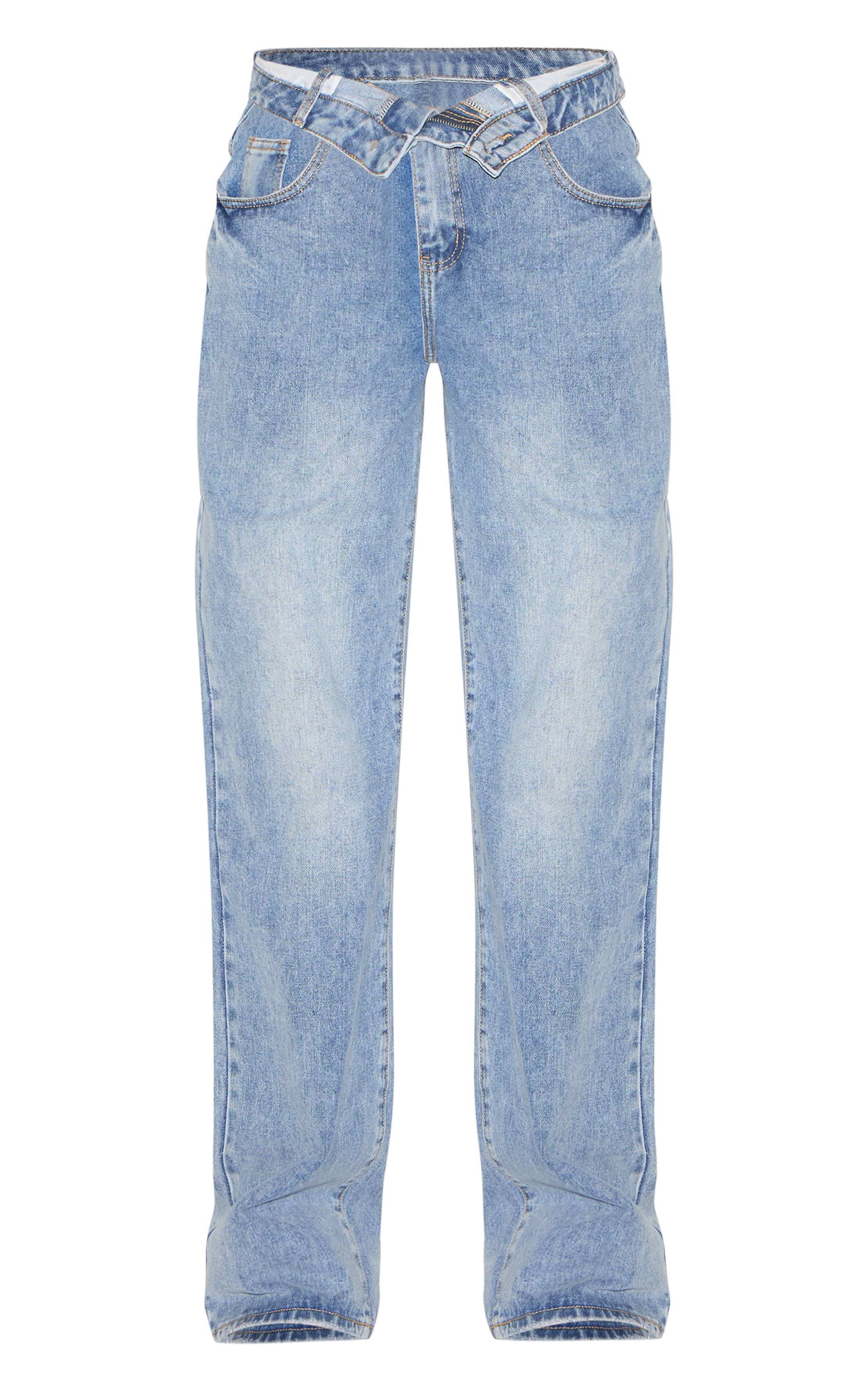 Mid Blue Wash Jean Large Taille Haute À Revers Délavage Vintage Bleu