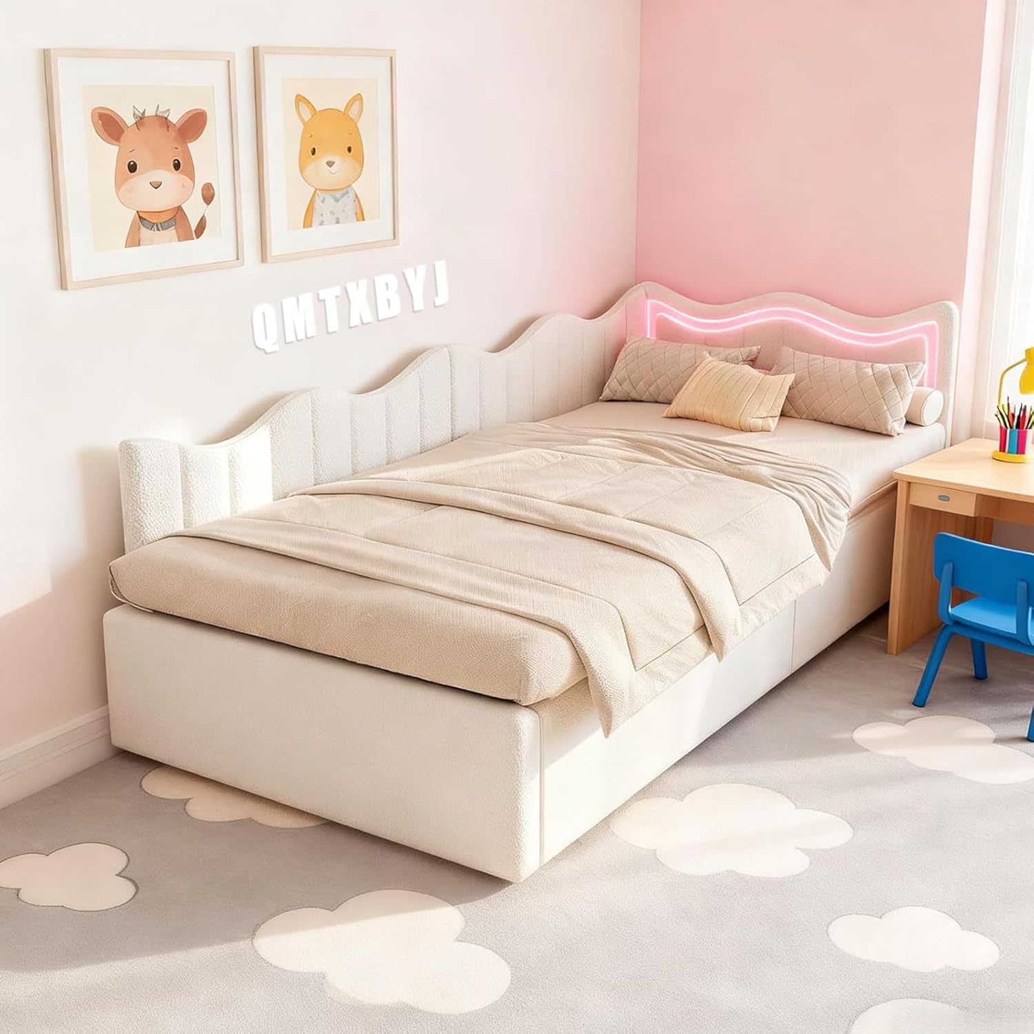 Polsterbett Kinderbett 90x200 mit LED-Beleuchtung,Jugendbett 90x200 mit Hydraulischer Stauraum, Schlafsofa Einzelbett Daybett Tagesbett Gästebett Bettgestell mit Lattenrost,Ohne Matratze
