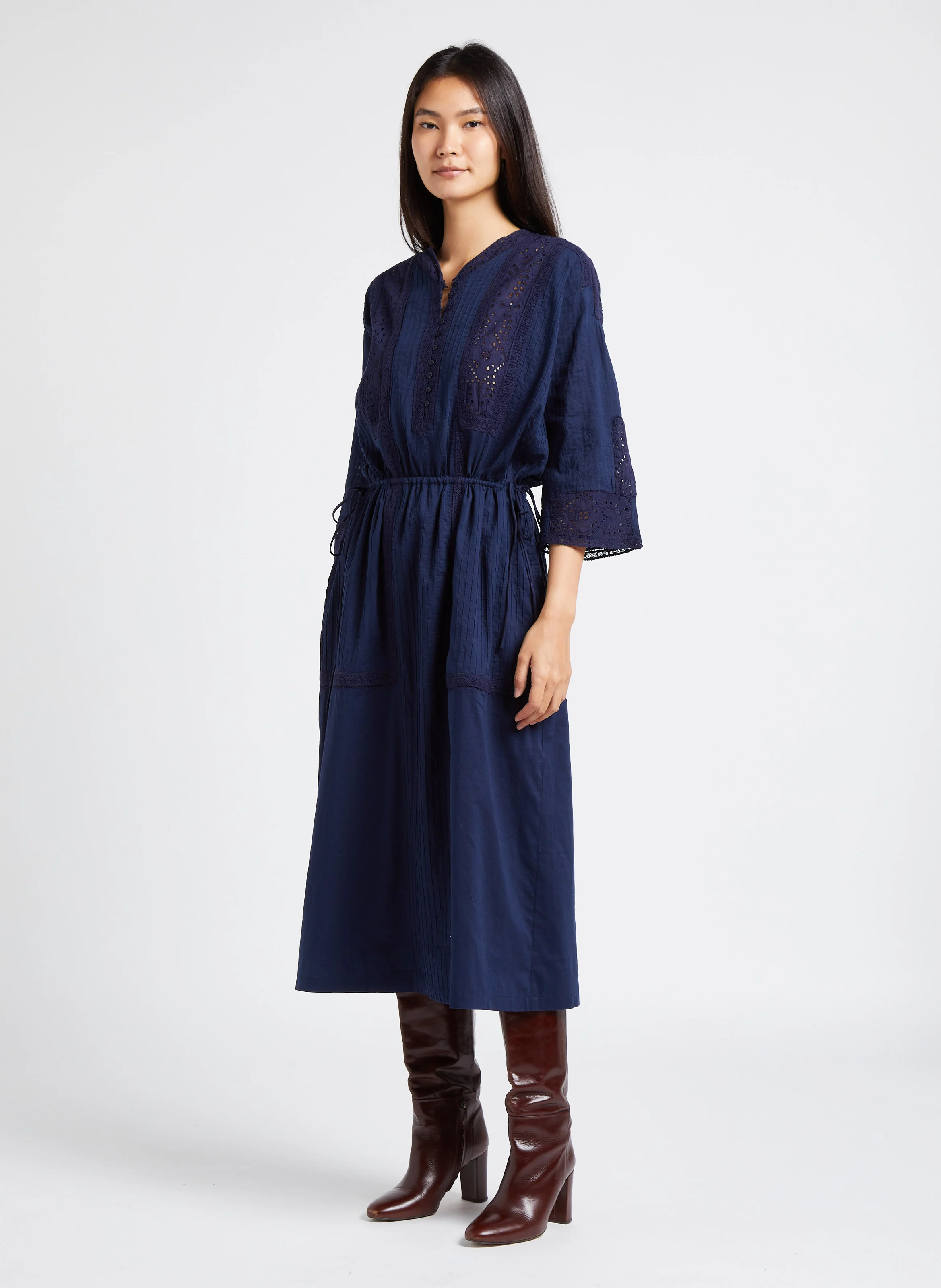 ROXY - Robe midi col V en coton bio| Bleu