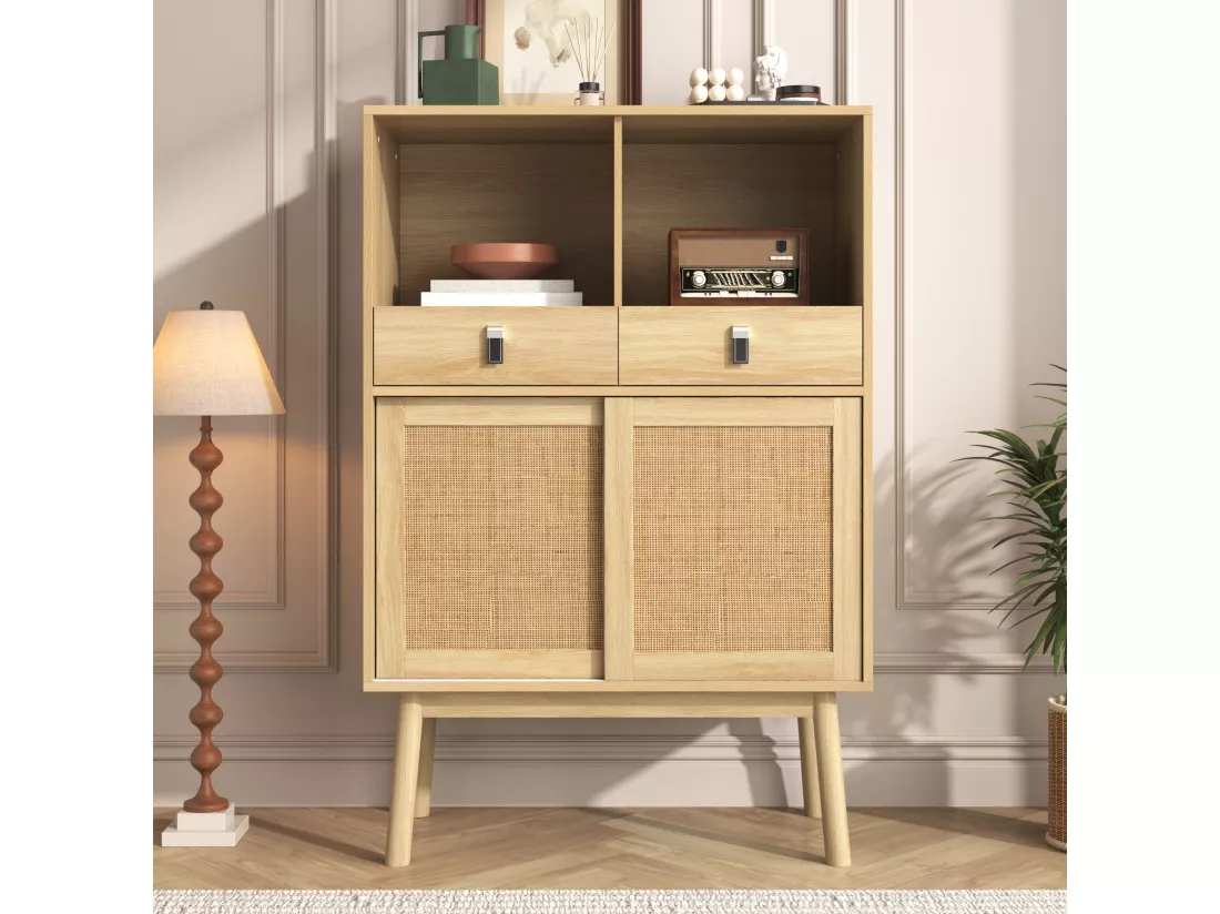 Buffet de cuisine avec 2 tiroirs et 2 portes coulissantes en rotin - 80 x 39,5 x 120 cm - Panneau de particules - Coloris bois