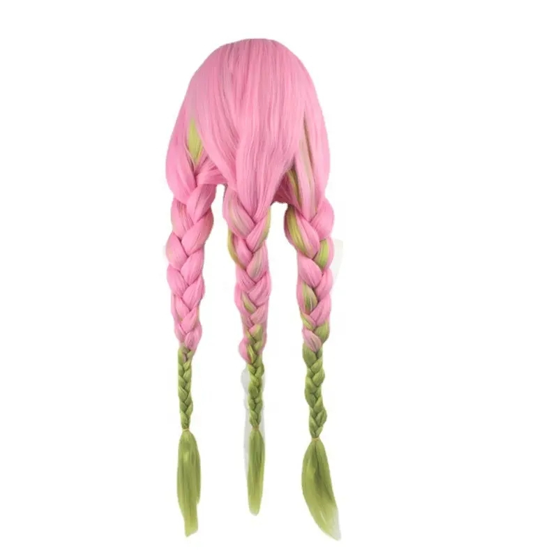 (87cm) Anime Cosplay Perücke mit Zöpfe Fasnacht Kostüm Zubehör Motto Party / Halloween Accessoire inkl. Haarnetz - Pink / Grün