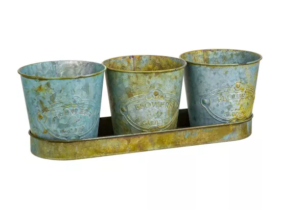 3 Cubos en métal et plateau tray verts