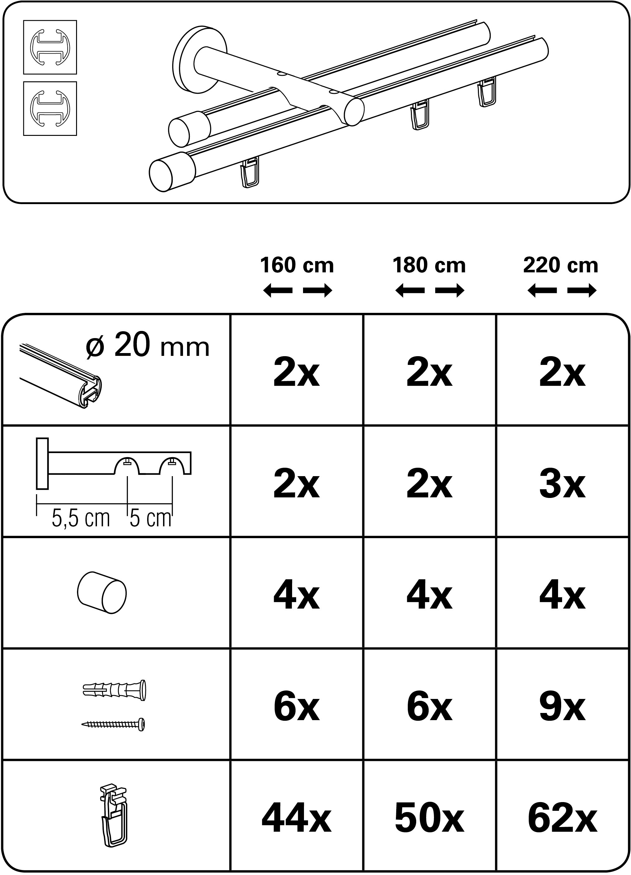 GARDINIA Gardinenstange »Set Isa 2-Lauf mit Innenlauf II Ø 20 mm« Ø 20 mm 2 läufig-läufig Fixmass 2-Lauf