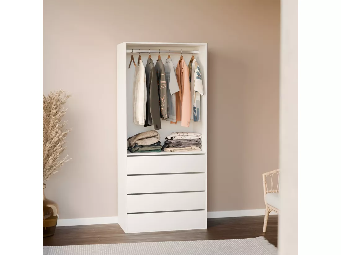 Module dressing avec 4 tiroirs et 1 penderie blanc. panneaux stratifiés