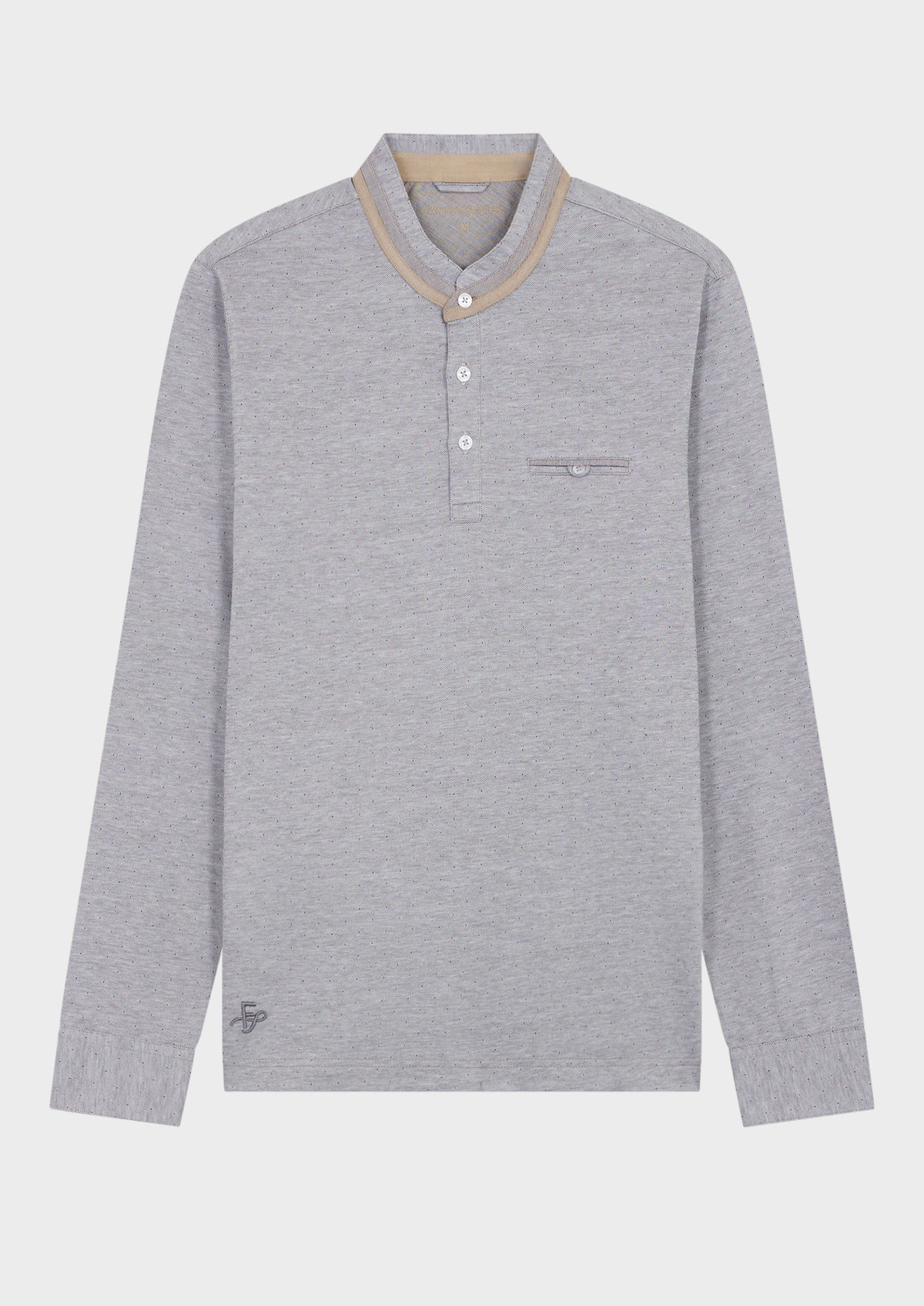 Polo manches longues Slim en coton gris perle à pois à col officier