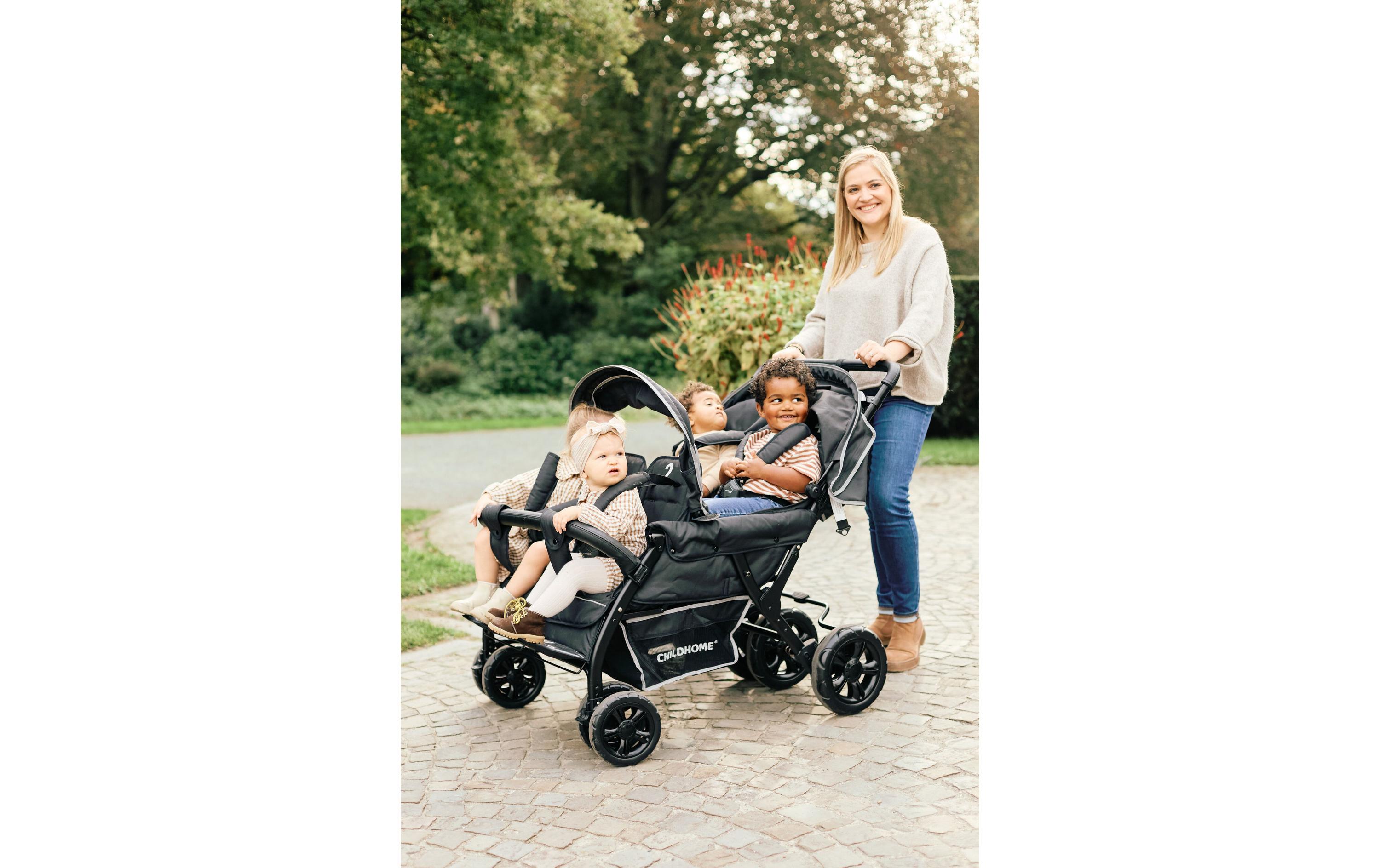 Mehrlingswagen Quadruple, Schwarz<br>Geschwisterkinderwagen mit Regenschutz und Sonnenschutz