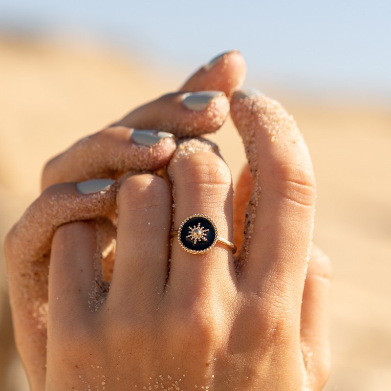 Bague Fine Médaillon Soleil Noir Plaqué Or