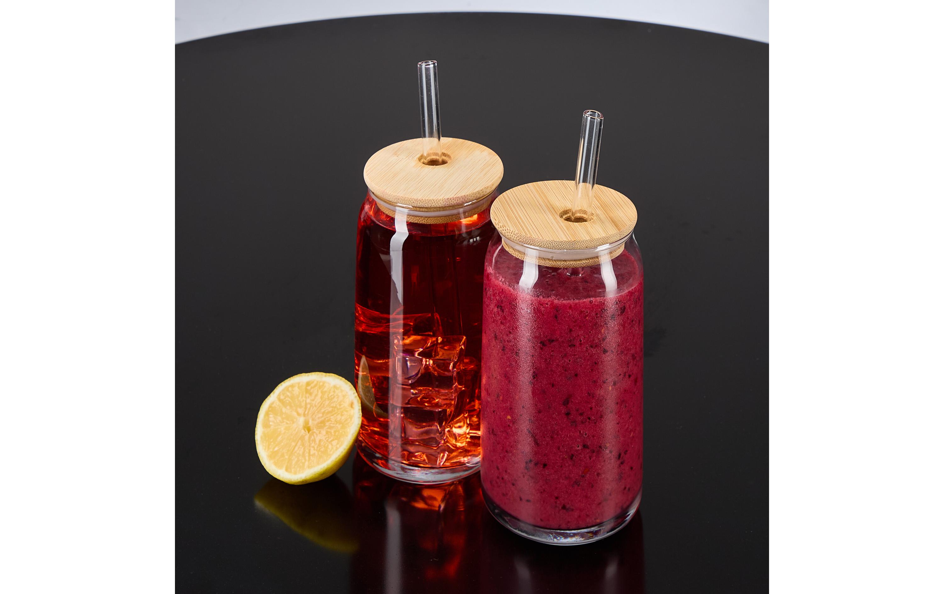Trinkglas 4er Set, Transparent, Natur, 450 mlTrinkgläser mit Bambusdeckel