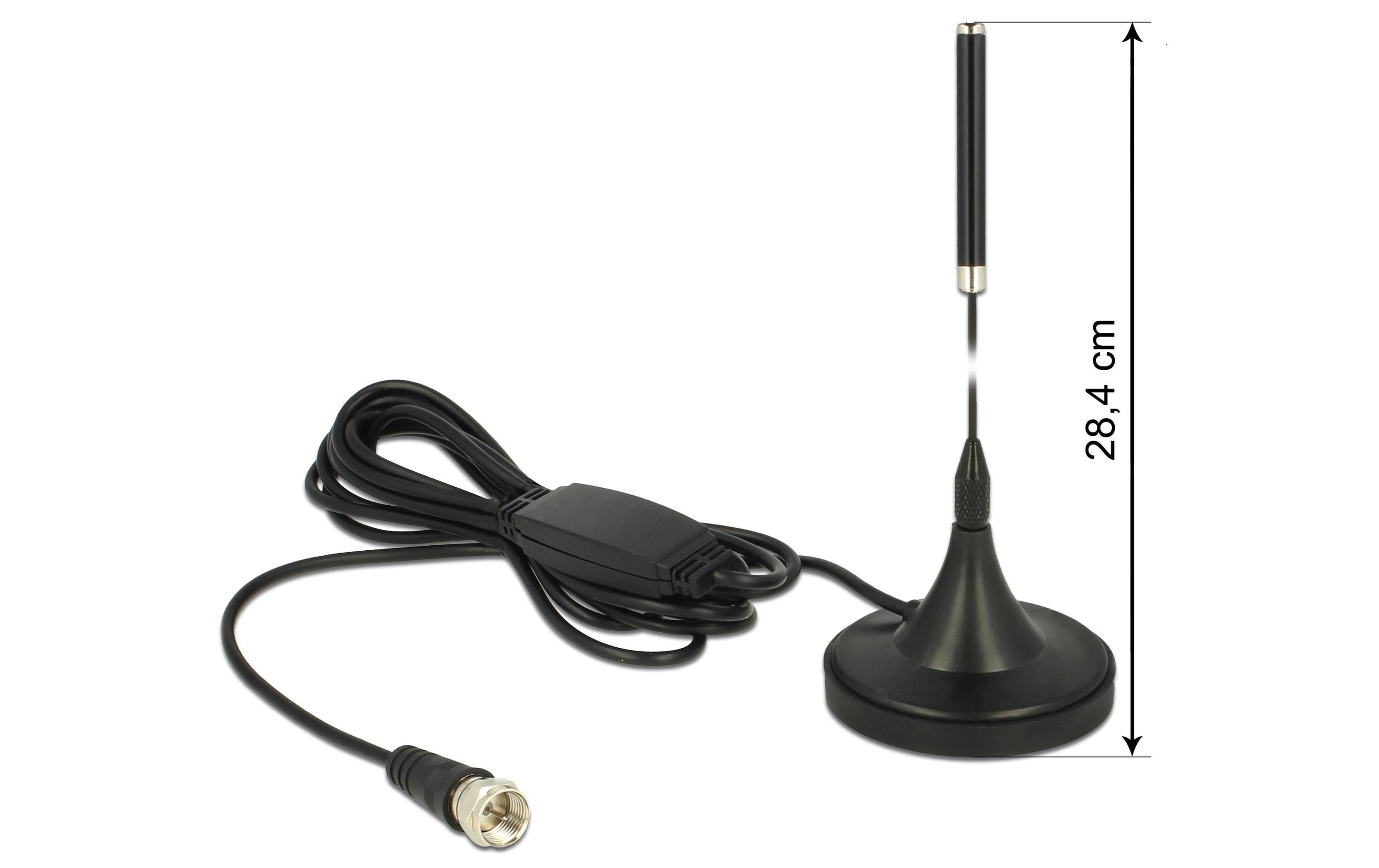 DAB+-Antenne 174 - 240 MHz F-Type 21 dBi RundstrahlDelock DAB+ Antenne F Stecker 21 dBi aktiv starr omnidirektional mit magnetischem Standfuss RG-174 2 m schwarz