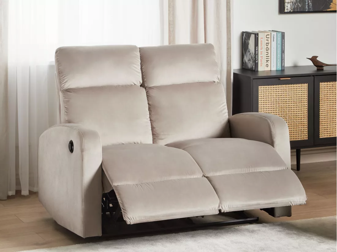 Canapé 2 places inclinable électrique en velours beige VERDAL