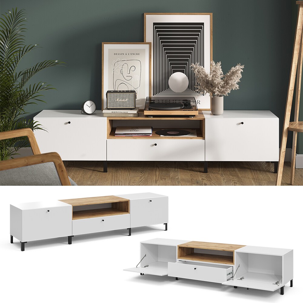 Vicco Lowboard Anteo, Weiß Oak, 200 x 45 cm, moderne Wohnzimmer Serie, Wohnwand