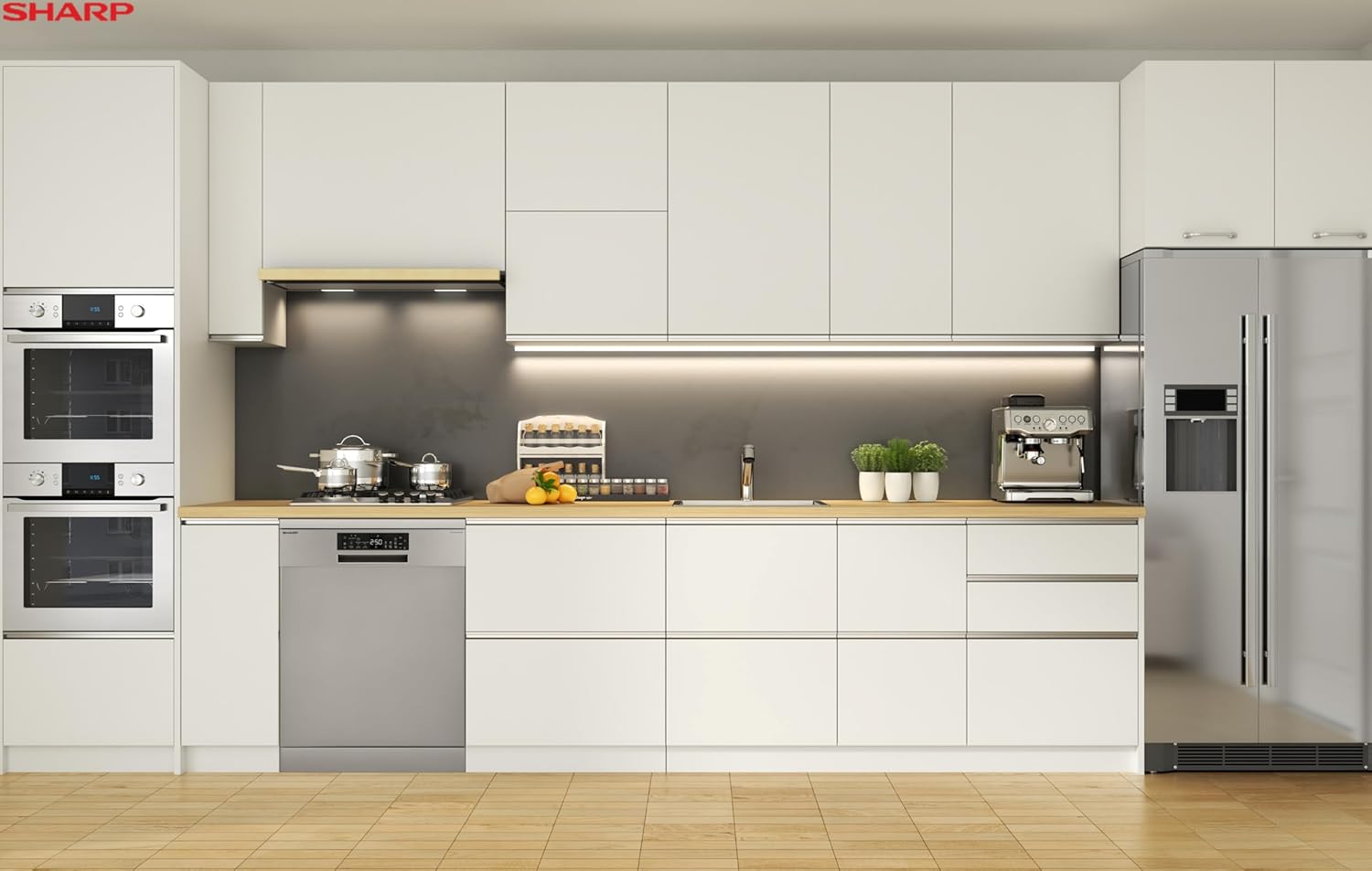 Sharp QW-NA25GF44BS-DE Freistehender Geschirrspüler 60cm / B / 14 Maßgedecke mit Besteckschublade / 8 Programme mit Automatikprogrammen/Halbe Beladung/Startzeitvorwahl/AquaStop/Silber