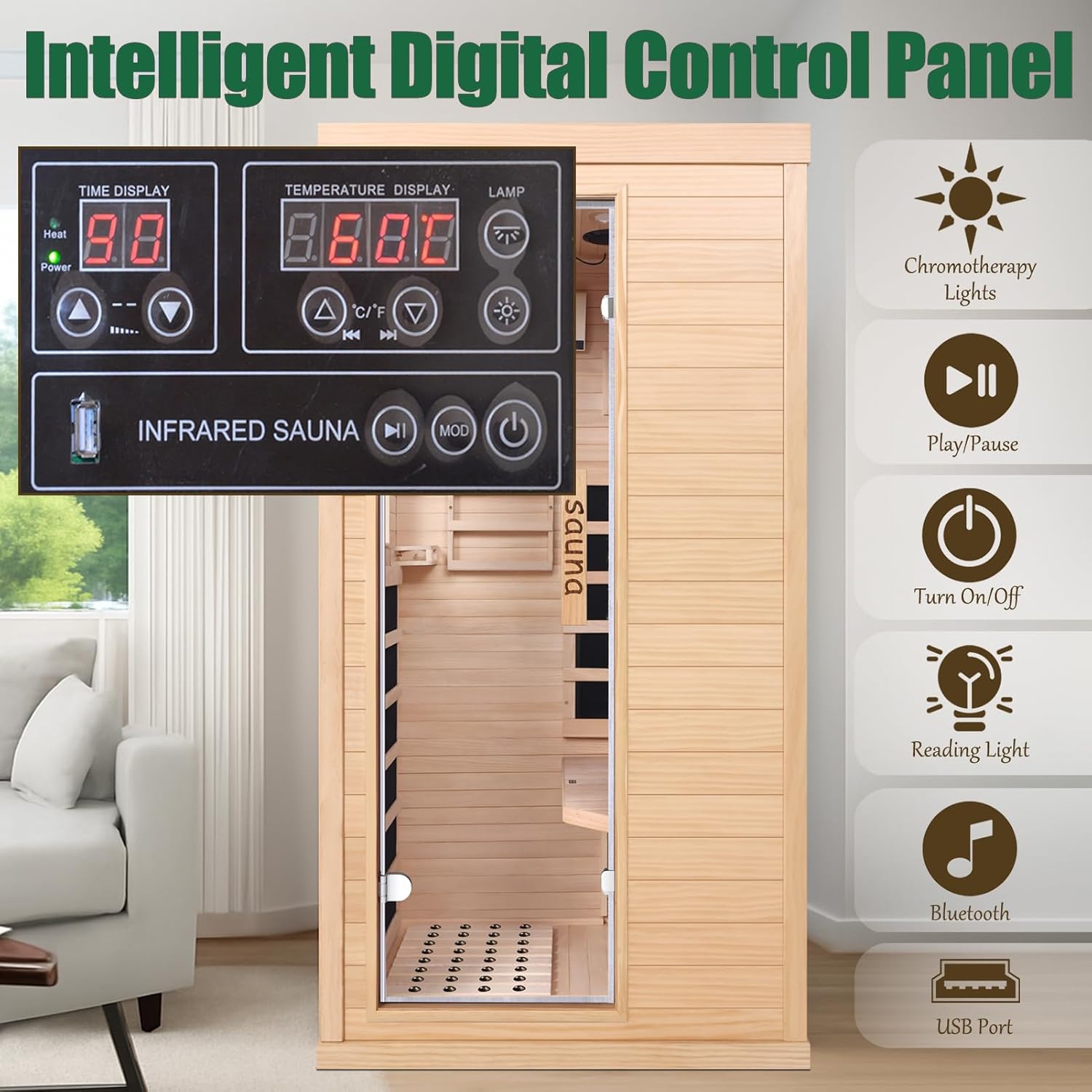 Ferninfrarot-Sauna 1 Person Tannenholz Heimsauna 5 Infrarot-Heizelemente Bluetooth 7-Farben Chromotherapie EMF-arm Seitentür mit Sicherheitsglas