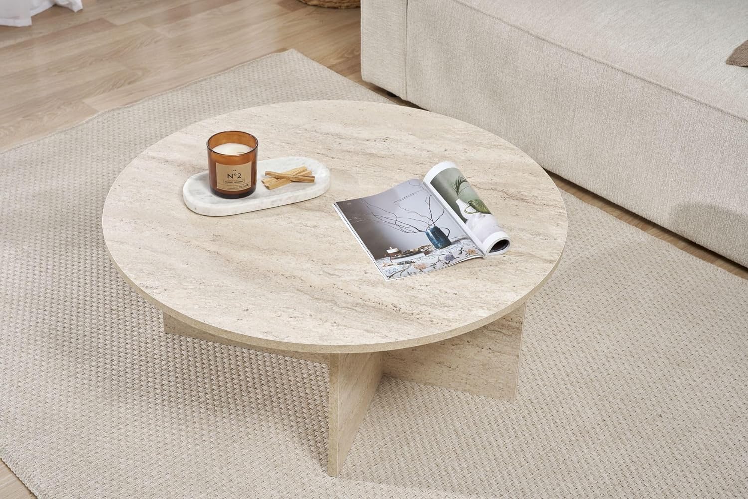 Stylish Coffee Table, Travertine Color, 90 x 40 x 90 cm | 100% Melamine Coated Particle Board, 18 mm Thick | Perfect for Modern Living Rooms & Spaces