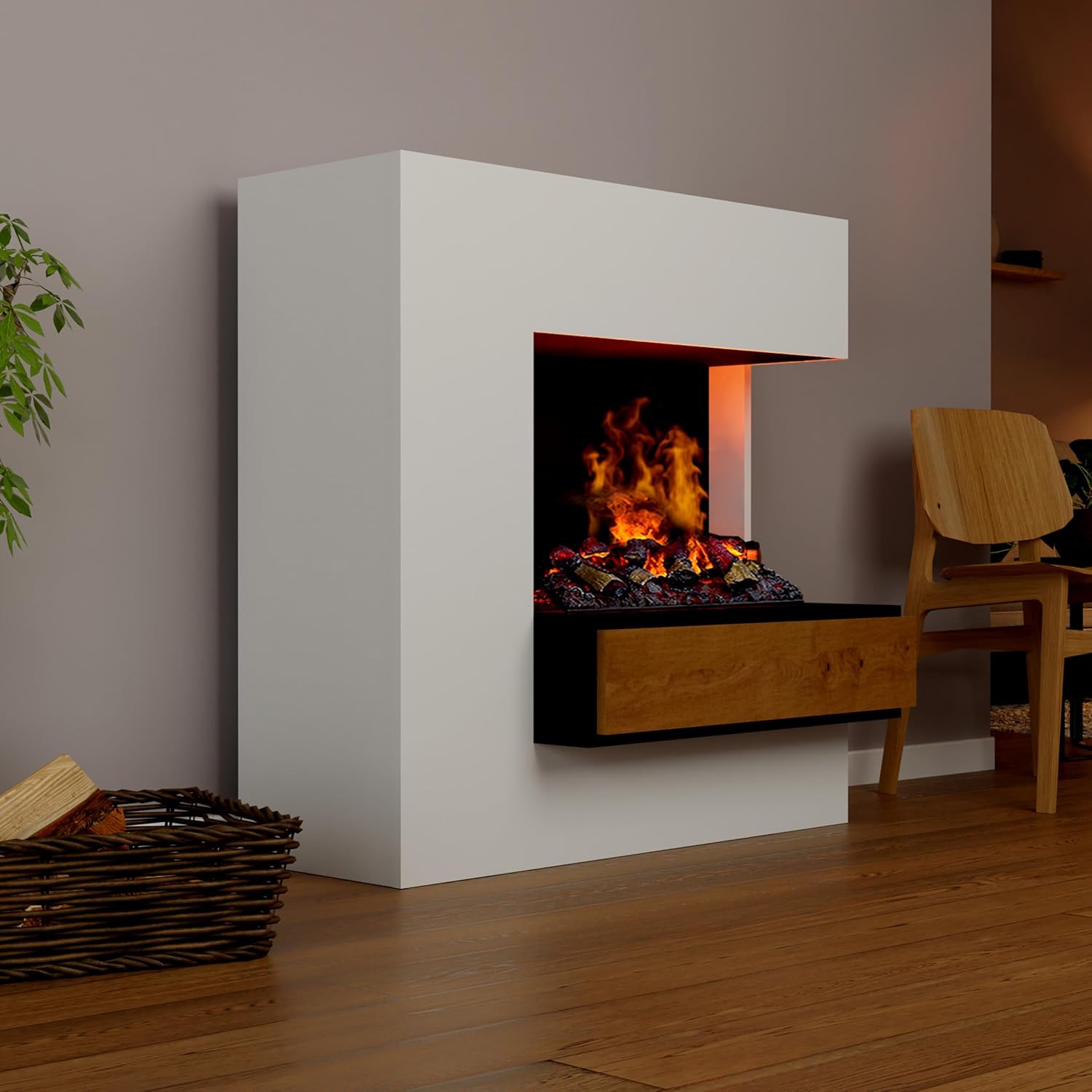 GLOW FIRE Wasserdampf Kamin PLANCK hoch rechts (Standkamin) - Elektrokamin mit realistischen LED 3D-Flammen, Knistereffekt & Fernbedienung, 111x110 cm - Opti-Myst 500 Elektro Kamin mit Holz-Deko, Weiß
