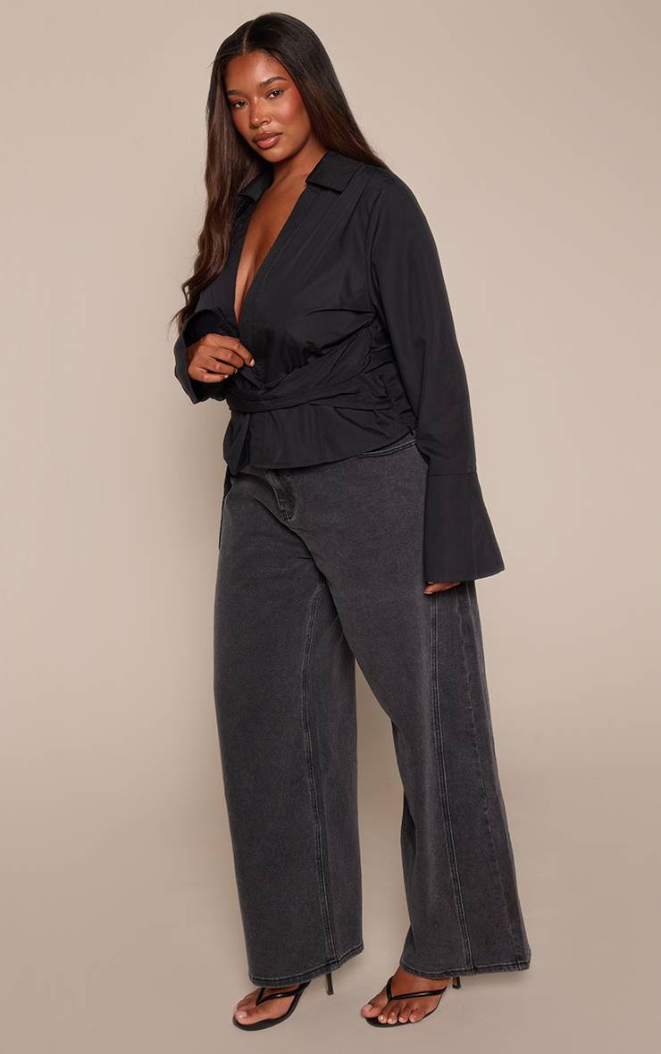 Noir Chemise Grande Taille À Taille Nouée Cintrée