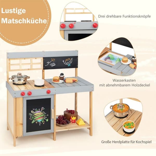 Utendørs leirkjøkkensett for barn lekekjøkken i tre 89 x 45 x 90 cm natur + grå
