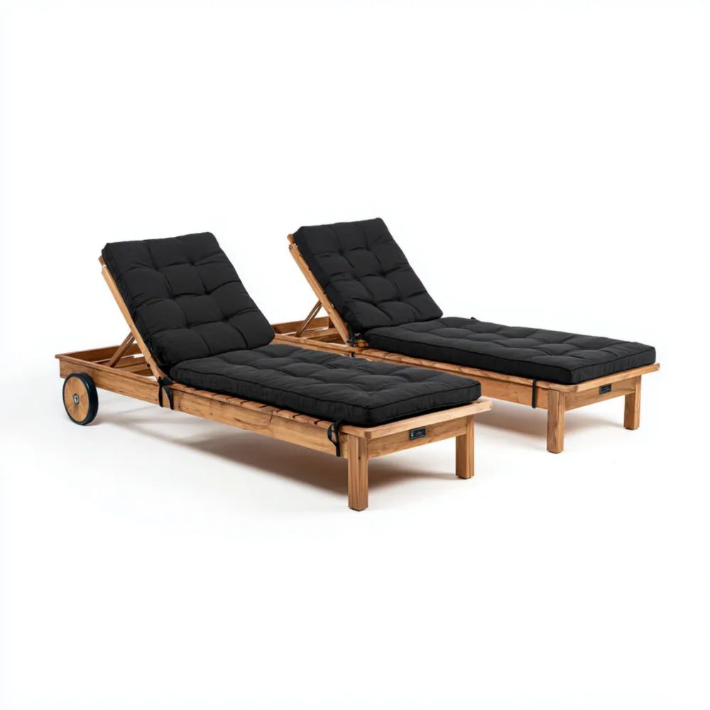 Gartenliege Set aus Holz mit Rollen und schwarzen Polstern - Verstellb
