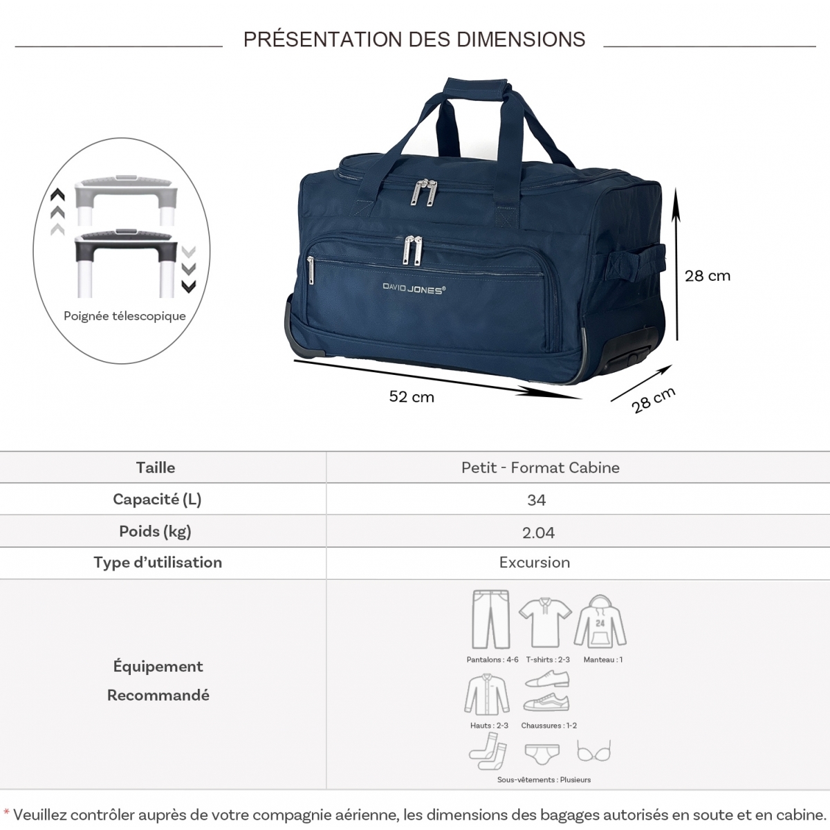 David Jones Sac de voyage cabine avec roulettes 34L David Jones polyester taille S 52cm