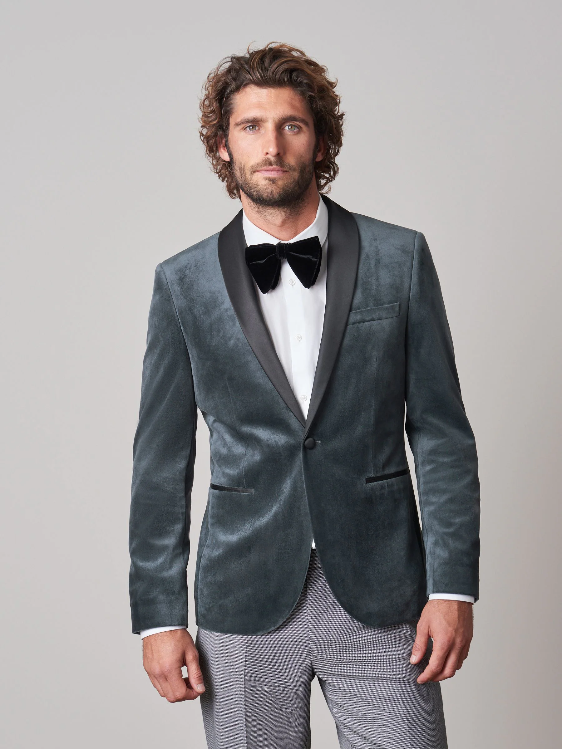 Grijs - Slim Fit - Fluwelen blazer