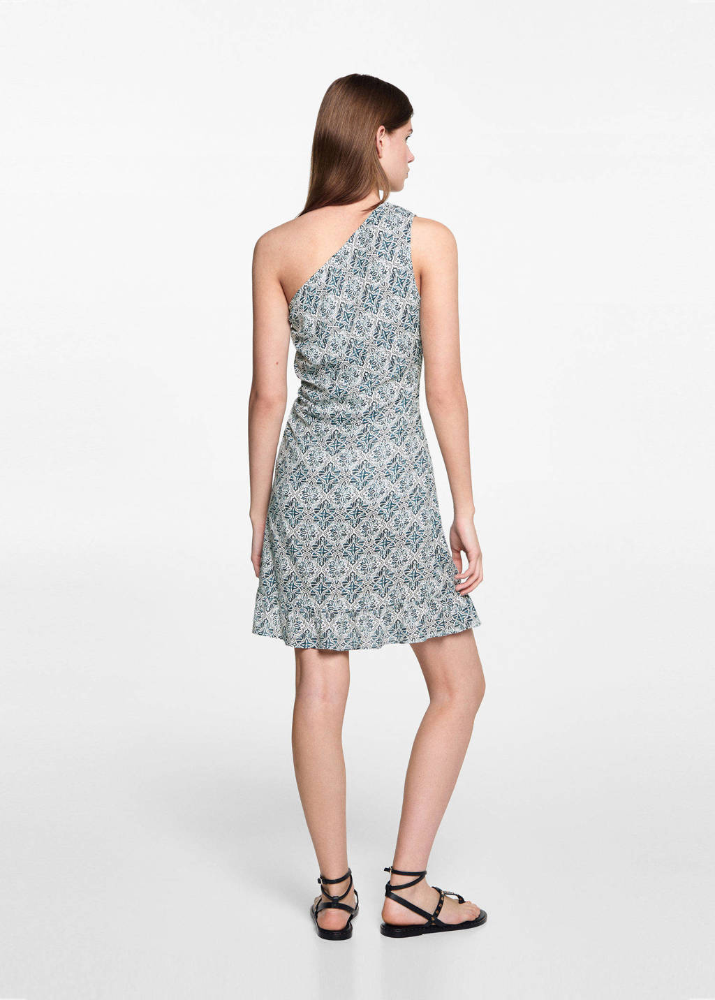 MANGO TEEN jurk met all over print en volant blauwgroen/ecru