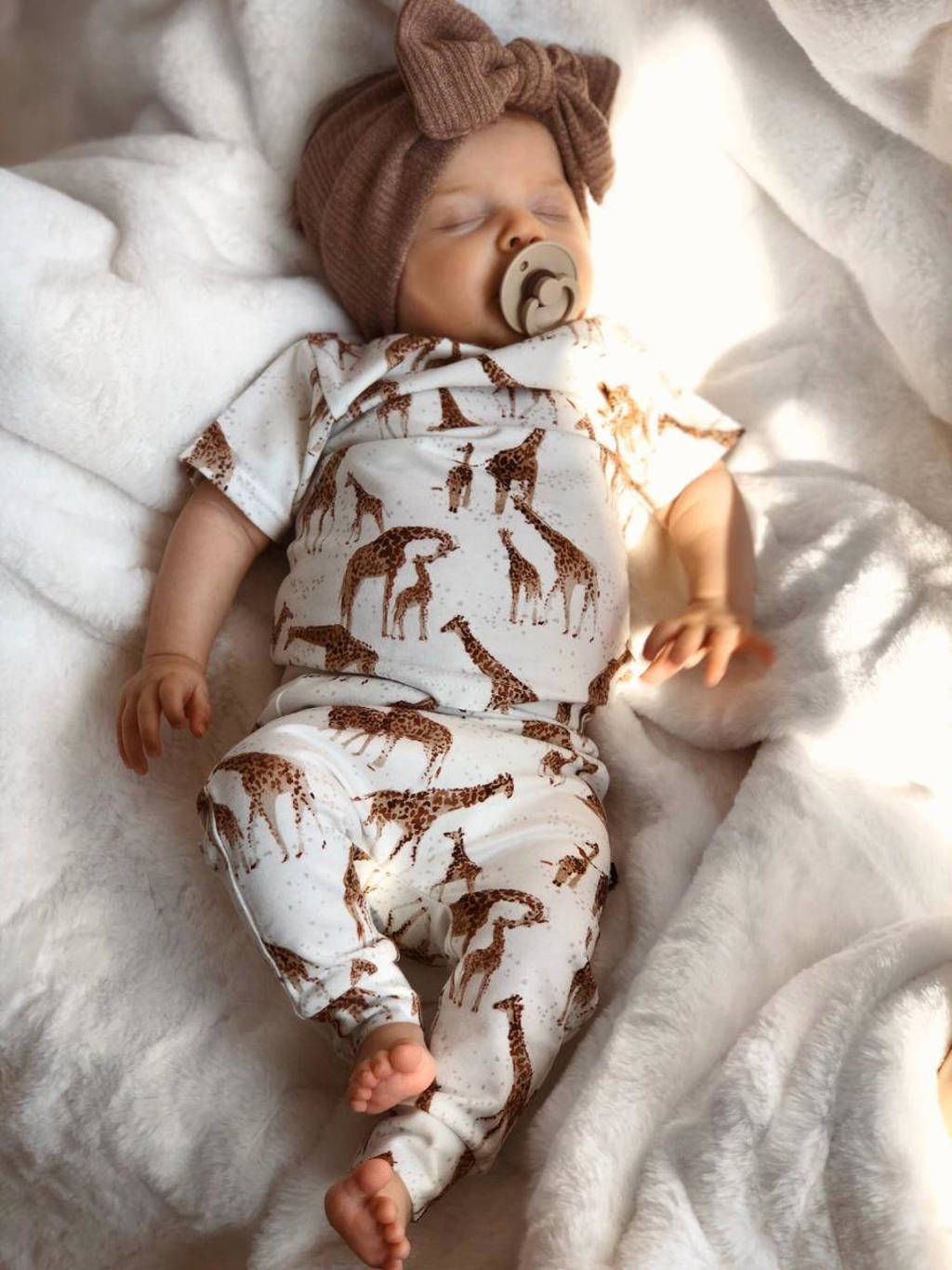 Babystyling baby broek met dierenprint wit/bruin