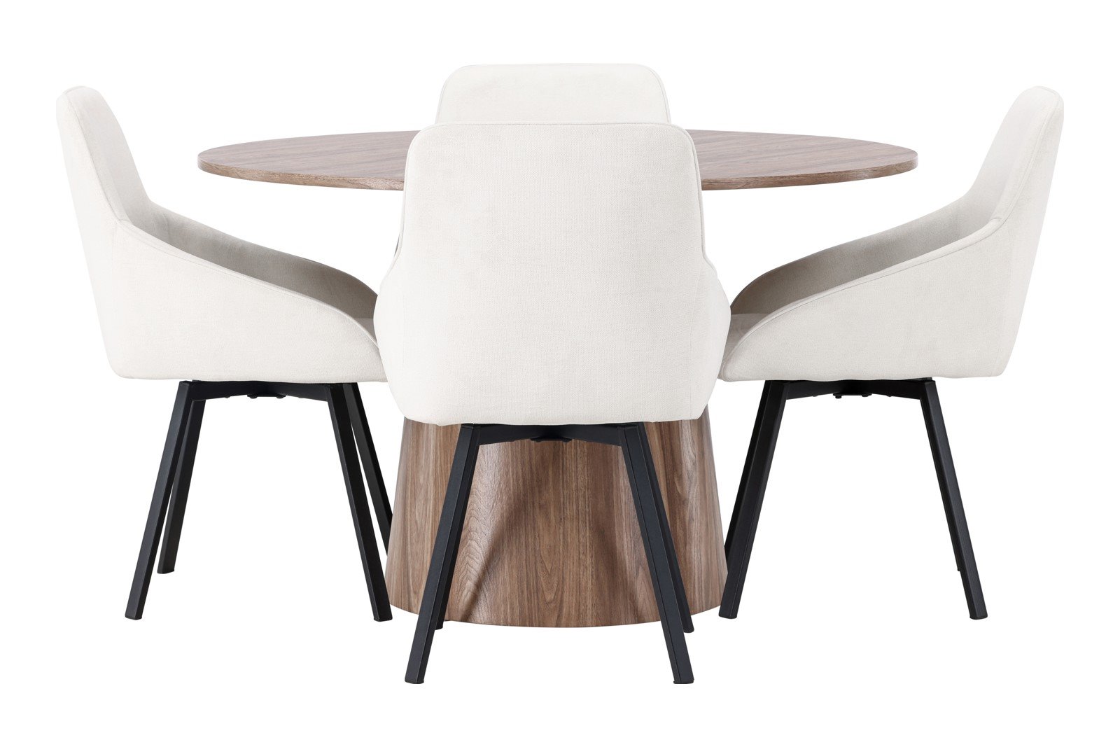 Lanzo og Rosie Spisegruppe Lanzo rundt spisebord ø120cm i natur med 4 stk. Rosie spisestoler i Beige og sorte ben.