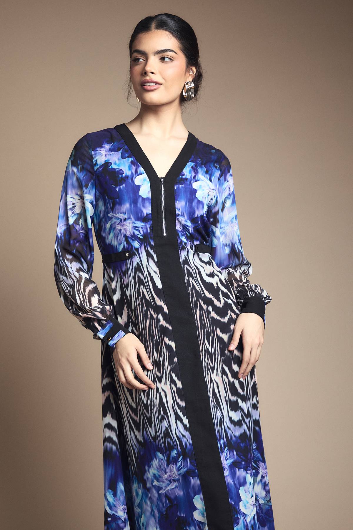 Wallis Robe Midi en Mousseline à Bordure Florale avec Fermeture Éclair Devant