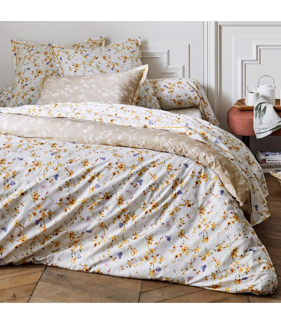 Drap housse imprimé 90x190 cm percale de coton BEL AMOUR beige Bonnet 30 cm