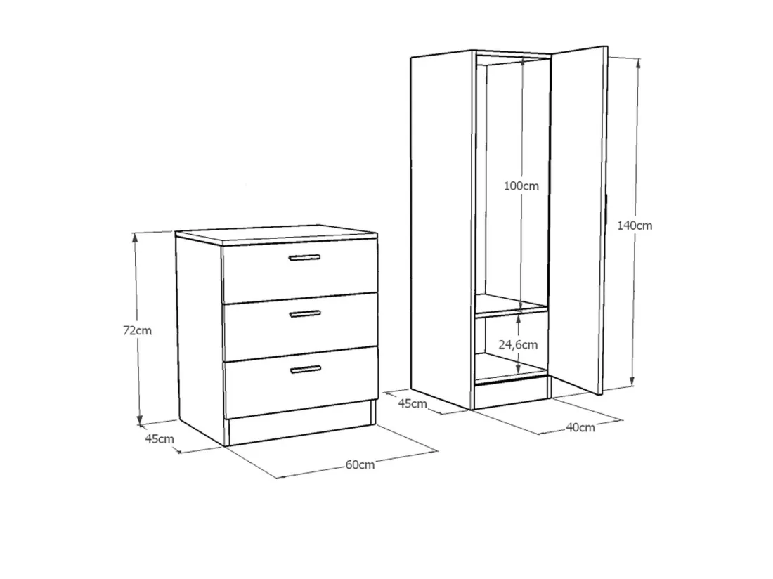 Armoire et commode polyvalente blanche, gris et noyer Dreka 100cm