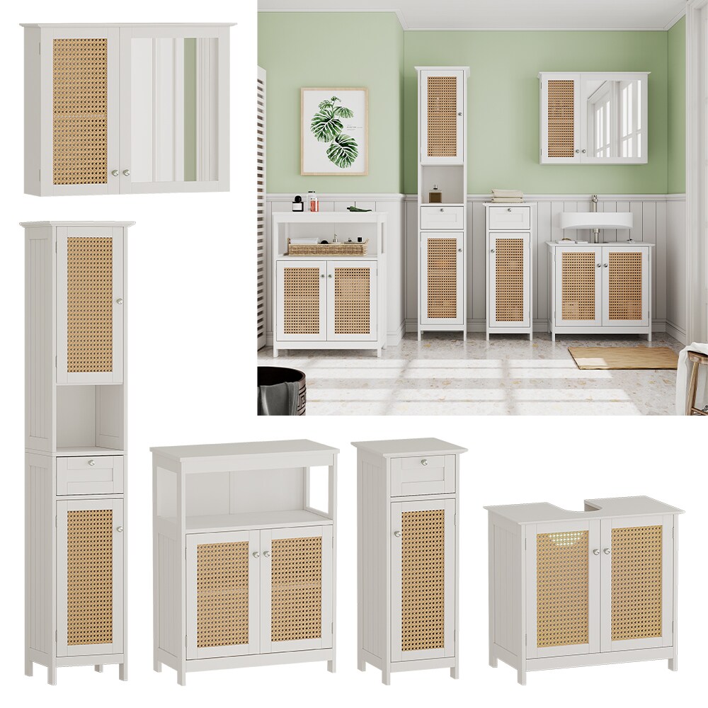 Vicco Badmöbel-Set Rosario, Weiß, moderne Serie, Badezimmer, dekorative Front, Spiegelschrank, Waschtischunterschrank, Midischrank, Hochschrank, Sideboard