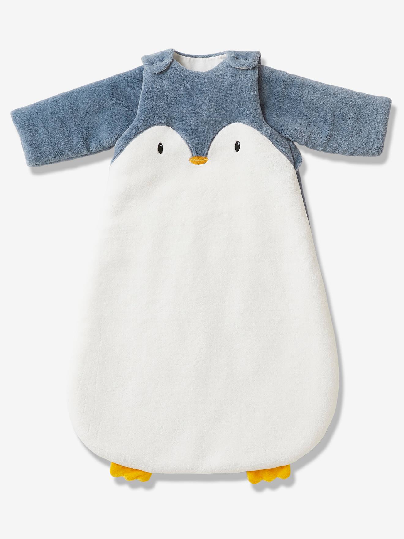 Saco de dormir de microfibra com mangas removíveis. Estampa lisa de pinguim branco claro.