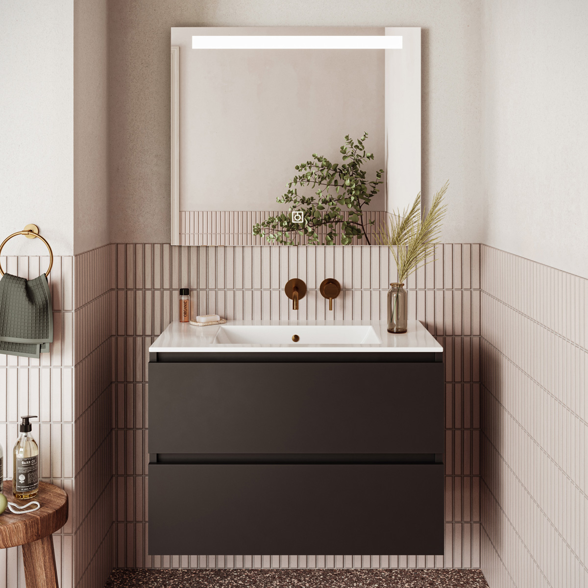 Fontana Rovigo badmeubel 80cm zwart mat met witte wastafel zonder kraangat en spiegel met verlichting