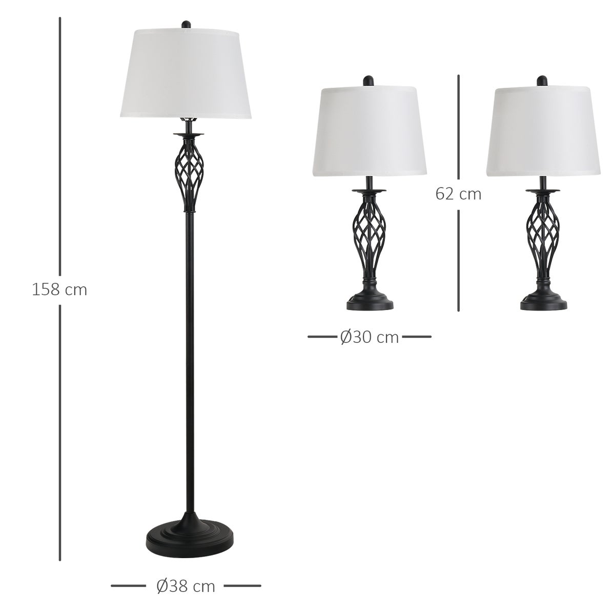 HOMCOM lampenset van 3, ø38 x 158H cm / ø30 x 62H cm, PS, zwart