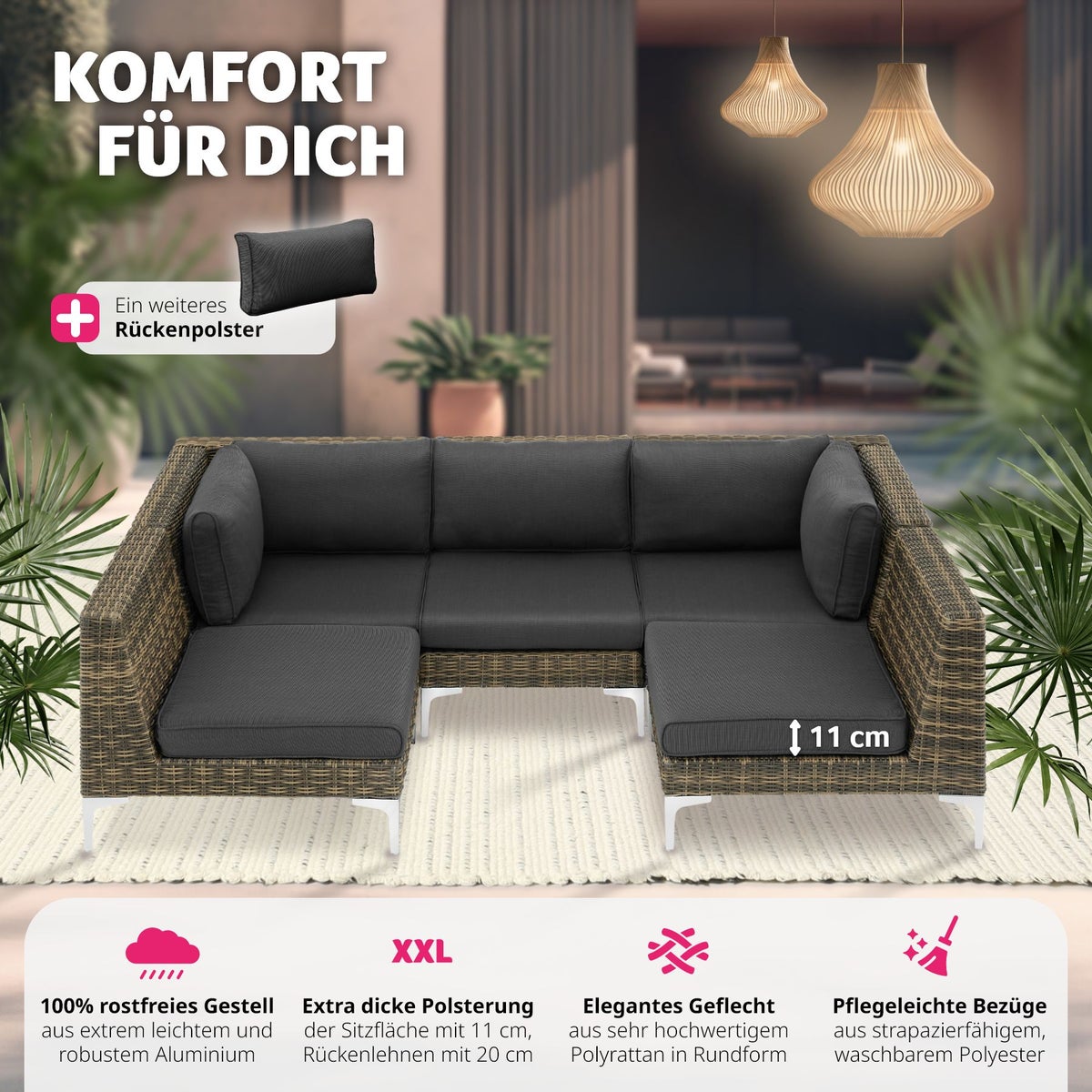 Modulaire rotanset tectake Villanova linkerhoekelement met aluminium frame 89 x 89 x 72 cm