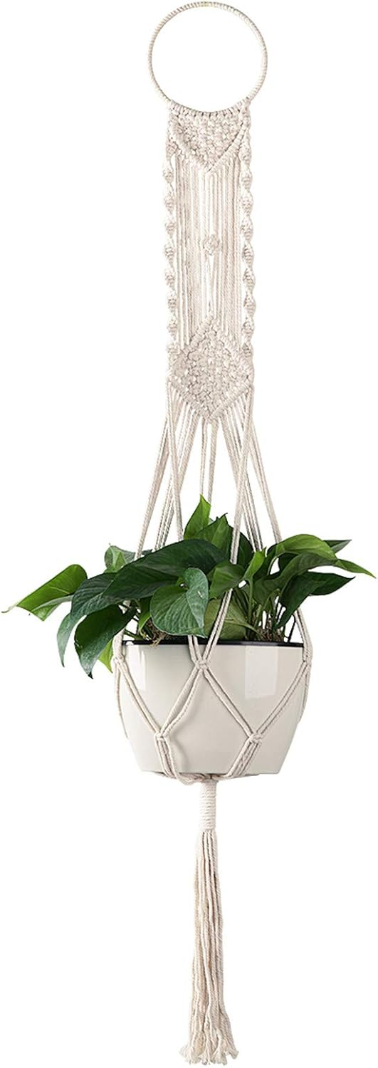 (4-tlg. Set) Makramee Pflanzenaufhänger Dekoration Hygge Lifestyle Hängeregal Geknüpftes Boho Accessoire - Beige