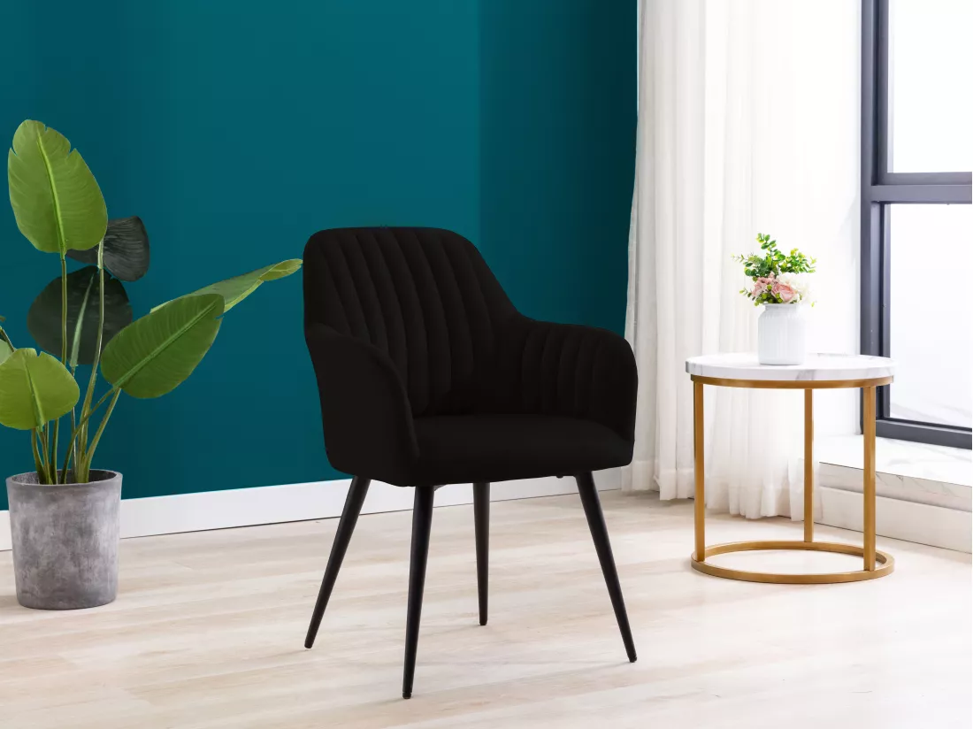 Lot de 2 chaises avec accoudoirs en velours et métal - Noir - ELEANA