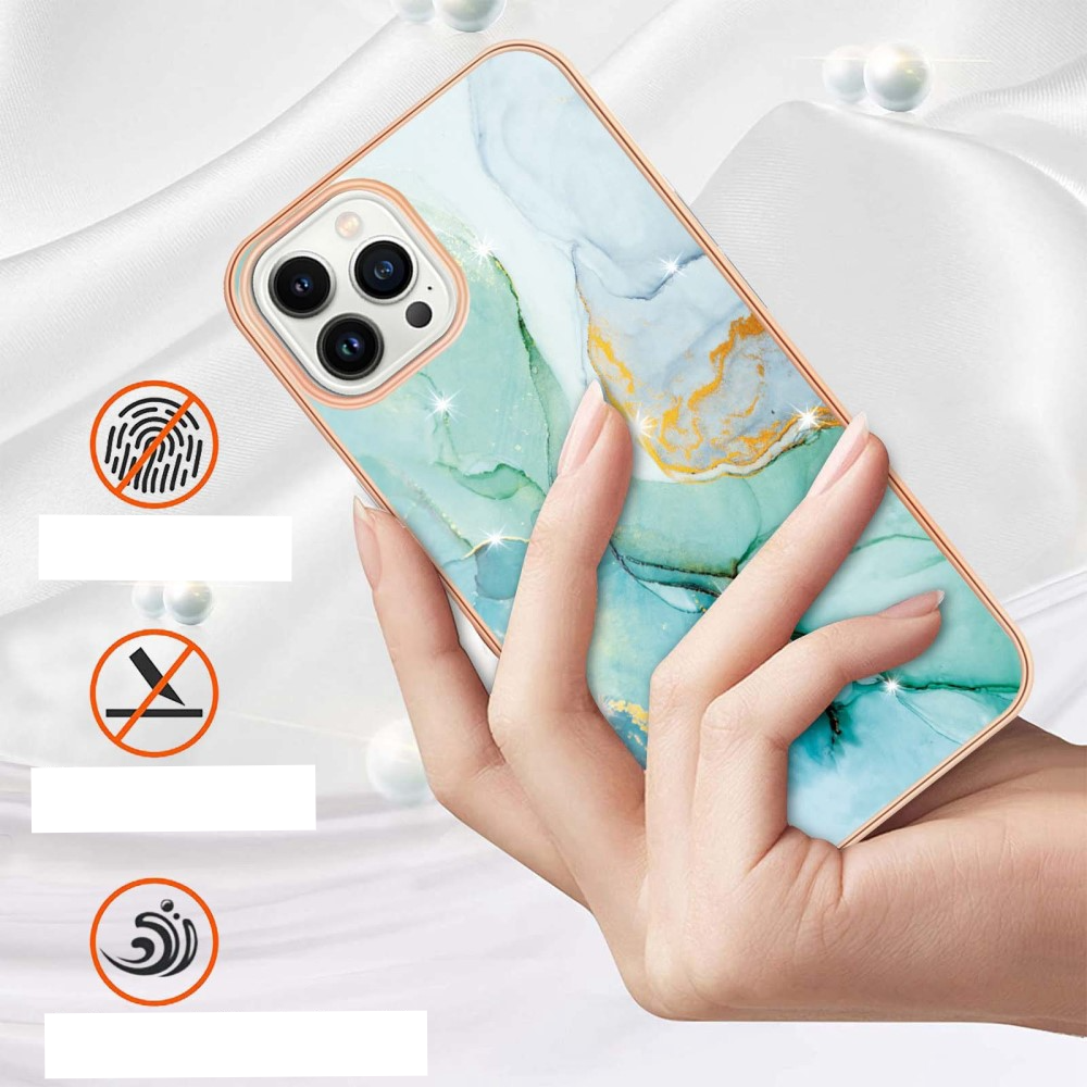 iPhone 14 Pro Max Gummi Case Hülle Galvanisierter Rahmen Marble Marmor Design - Türkis / Roségold