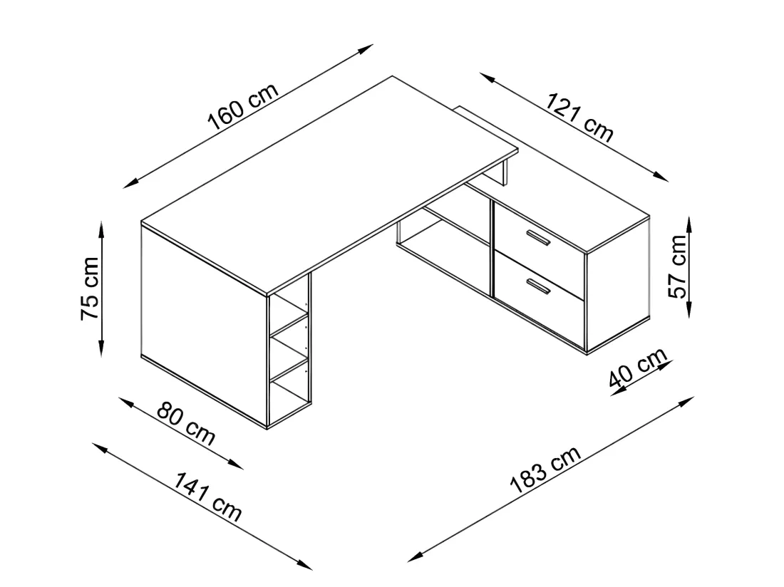 Bureau d'angle en mélamine coloris imitation chêne rustique / noir - Longueur 183 x profondeur 141 x Hauteur 75 cm