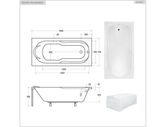OTITEC - Baignoire rectangulaire - 170 x 70 cm - sans habillage - ave...